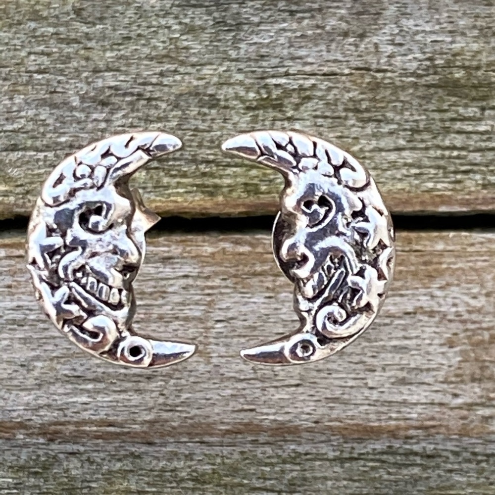 Crescent Moon Face stud earrings .925 Sterling Silver Peter Stone